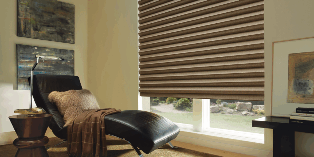 Honeycomb, energy-saving window coverings in living room