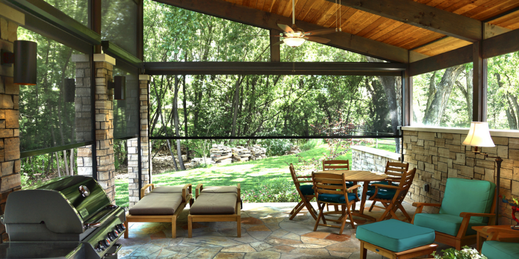 Exterior roller shades on a patio.
