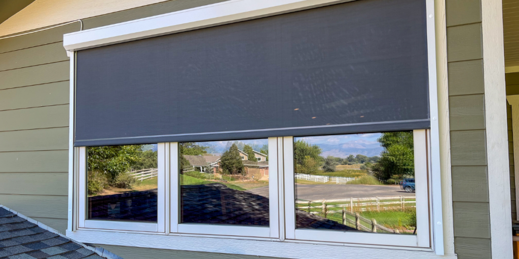 Motorized outdoor window shades that reduce UV exposure and improve efficiency.