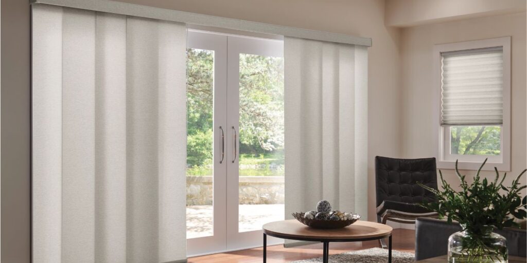Sliding panel shades over large double doors